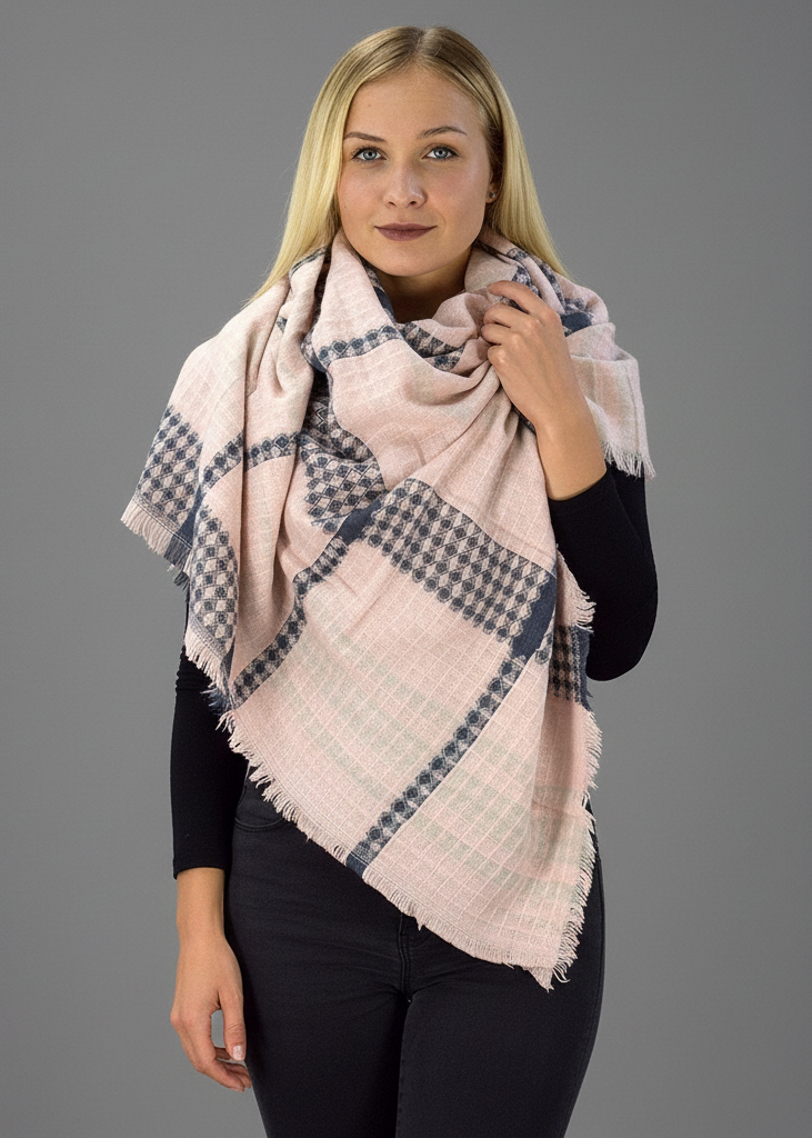 Grey white warm woven oversized tartan plaid blanket scarf shawl wrap