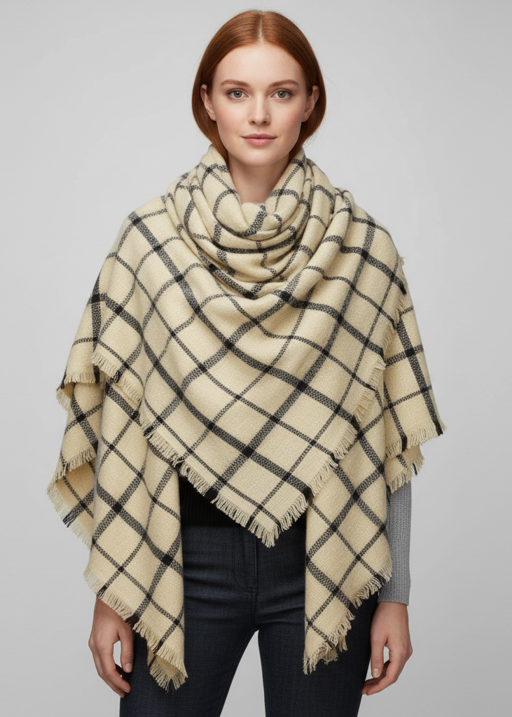 Pink and navy blue warm woven oversized tartan plaid blanket scarf shawl wrap