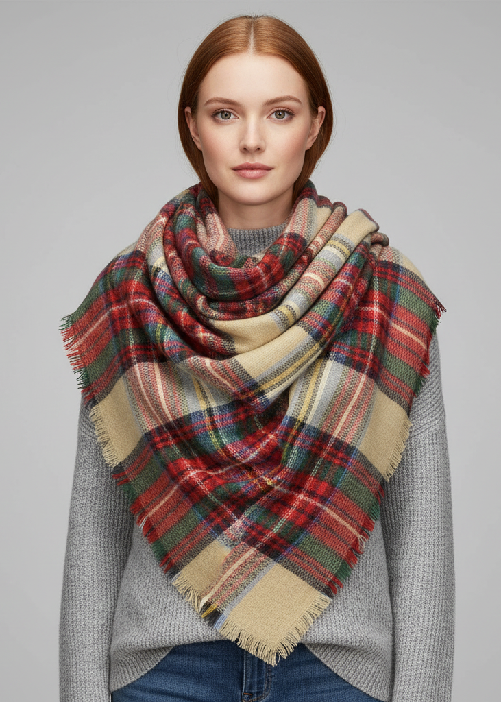 Tan and black oversized tartan plaid blanket scarf with a woven texture and fringed edges worn as a shawl wrap