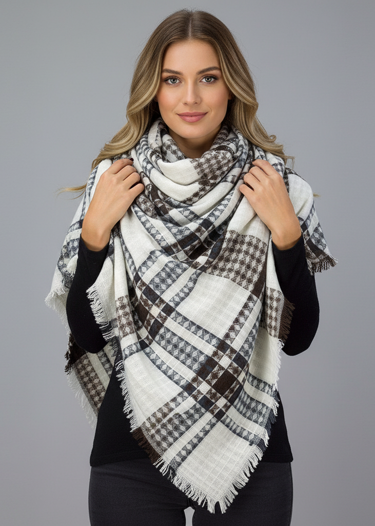 Tan red and blue oversized tartan plaid blanket scarf with a warm woven texture and fringe details