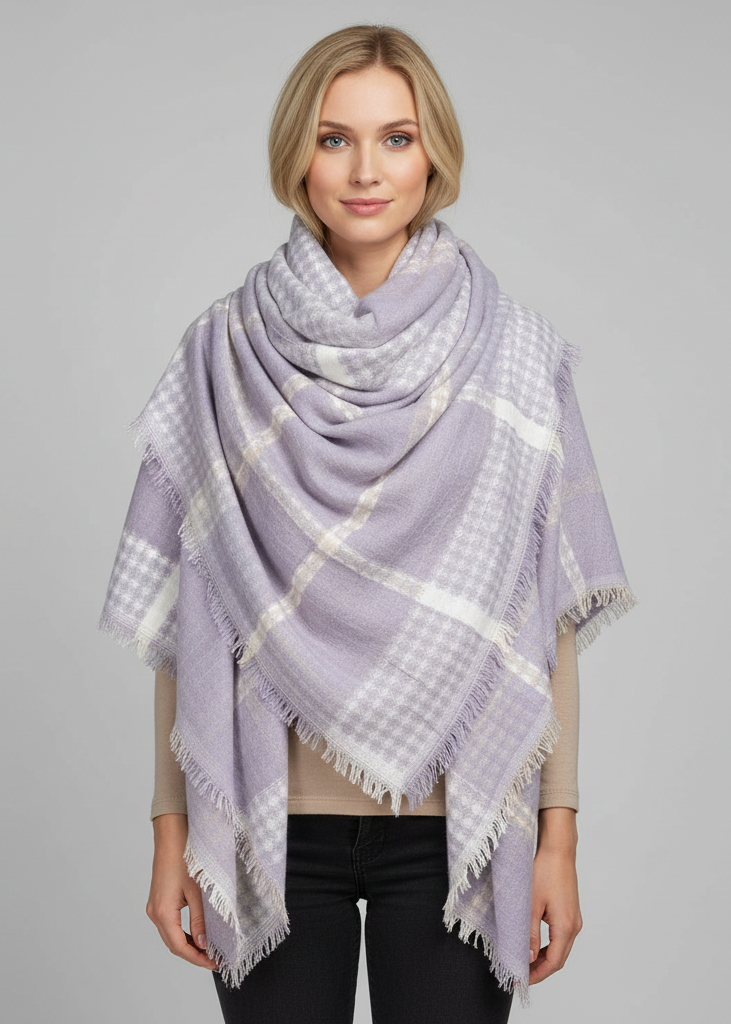 White and brown oversized tartan plaid blanket scarf shawl with woven texture