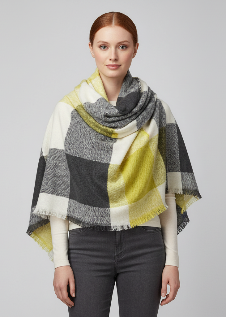 Yellow and gray warm woven oversized tartan plaid blanket scarf shawl wrap