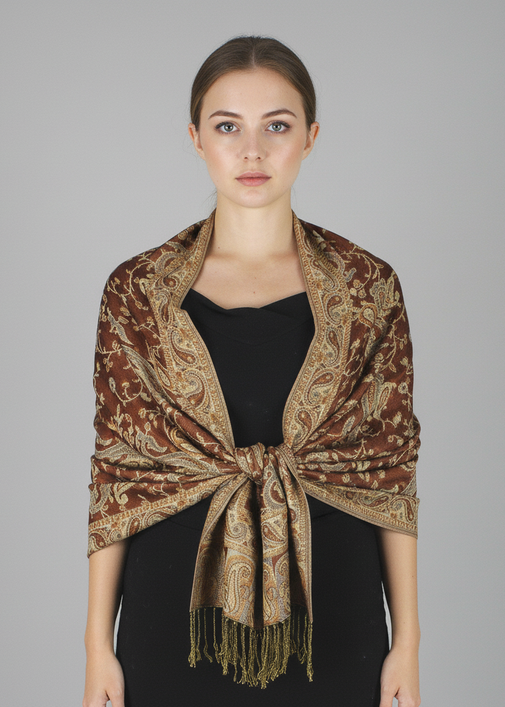 Double layer reversible pashmina shawl with an intricate paisley pattern in wheat and peach tones.