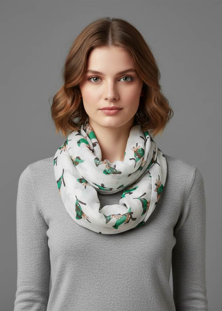 Vintage bird print infinity loop scarf in white and green peach colors