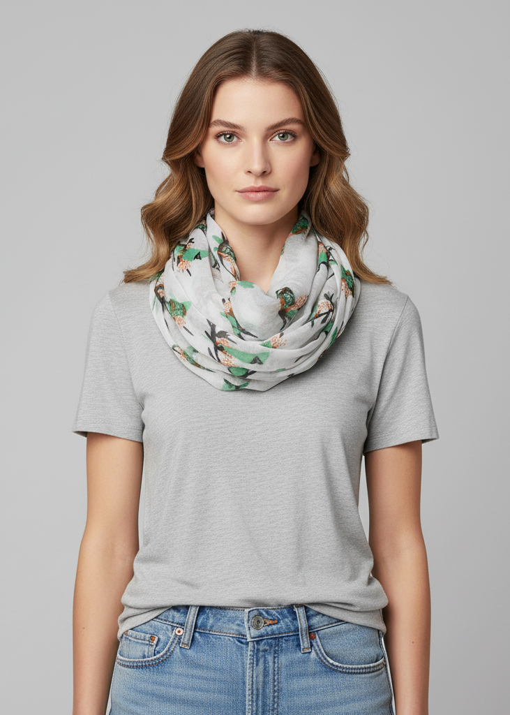 Women's two-toned white and mint infinity scarf featuring a multicolor plaid and bird print pattern