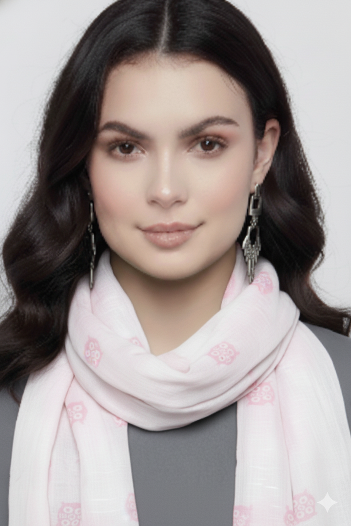 Lightweight summer fringe scarf featuring a white and pink graphic owl animal print pattern for women