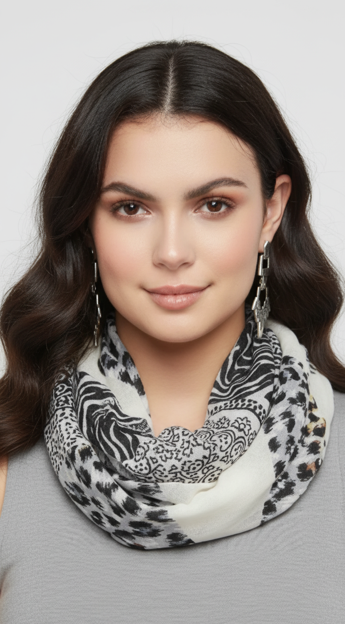 White tribal paisley floral elephant animal print infinity loop scarf for women