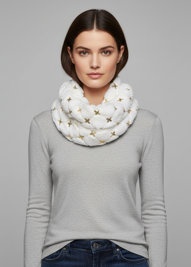 White faux fur solid color plush cowl collar infinity loop scarf for winter warmth and style.