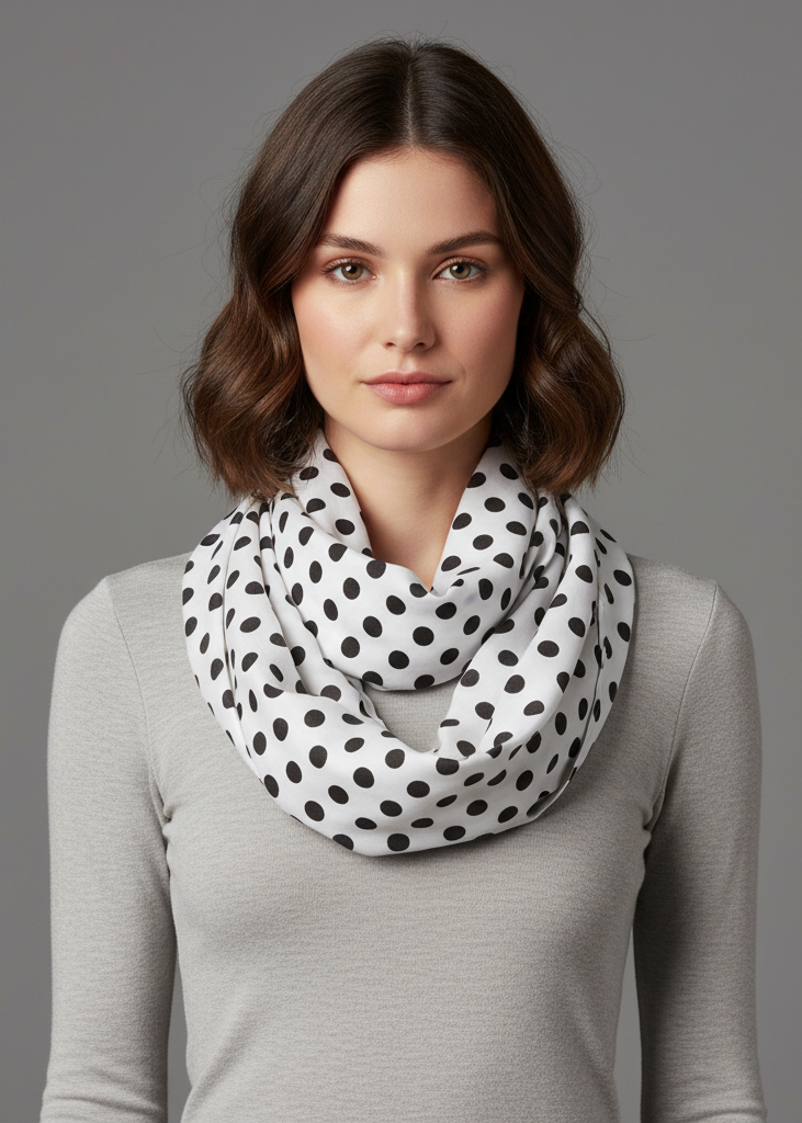 Lightweight and sheer white infinity loop scarf featuring a black and peach polka dot circle print.