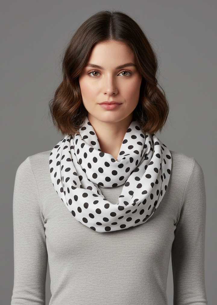 Lightweight and sheer white infinity loop scarf featuring a black and peach polka dot circle print.