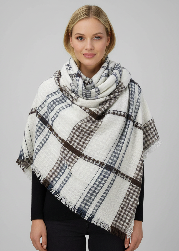 White brown warm tartan plaid woven oversized fringe scarf blanket shawl wrap
