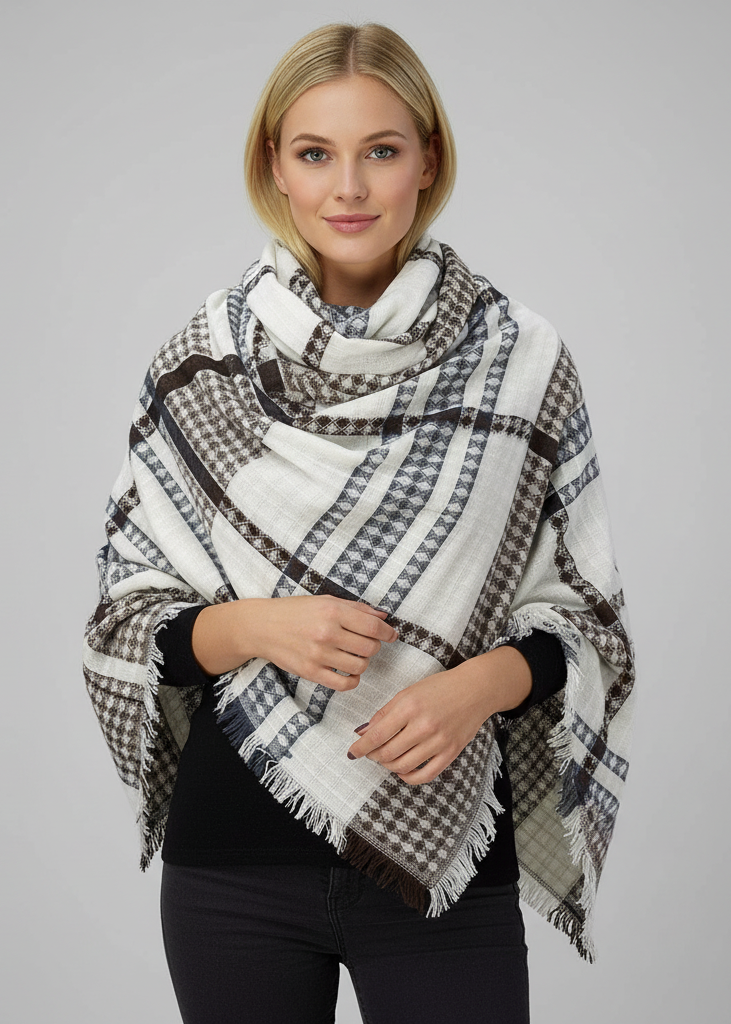 White brown warm woven oversized tartan plaid blanket scarf shawl wrap