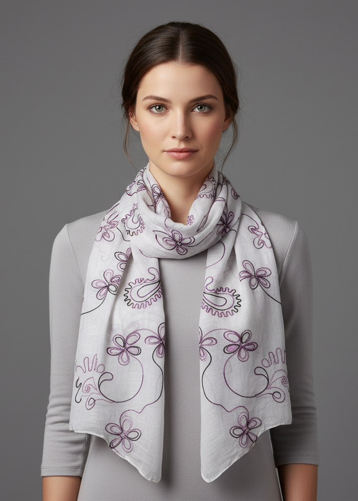 White sheer floral scarf with intricate embroidery and elegant wrap design for fall fashion.