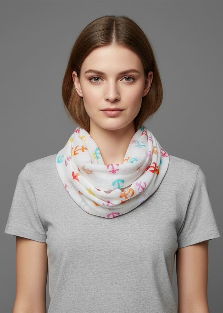 White nautical infinity loop scarf featuring a colorful rainbow anchor print in a soft lightweight fabric.