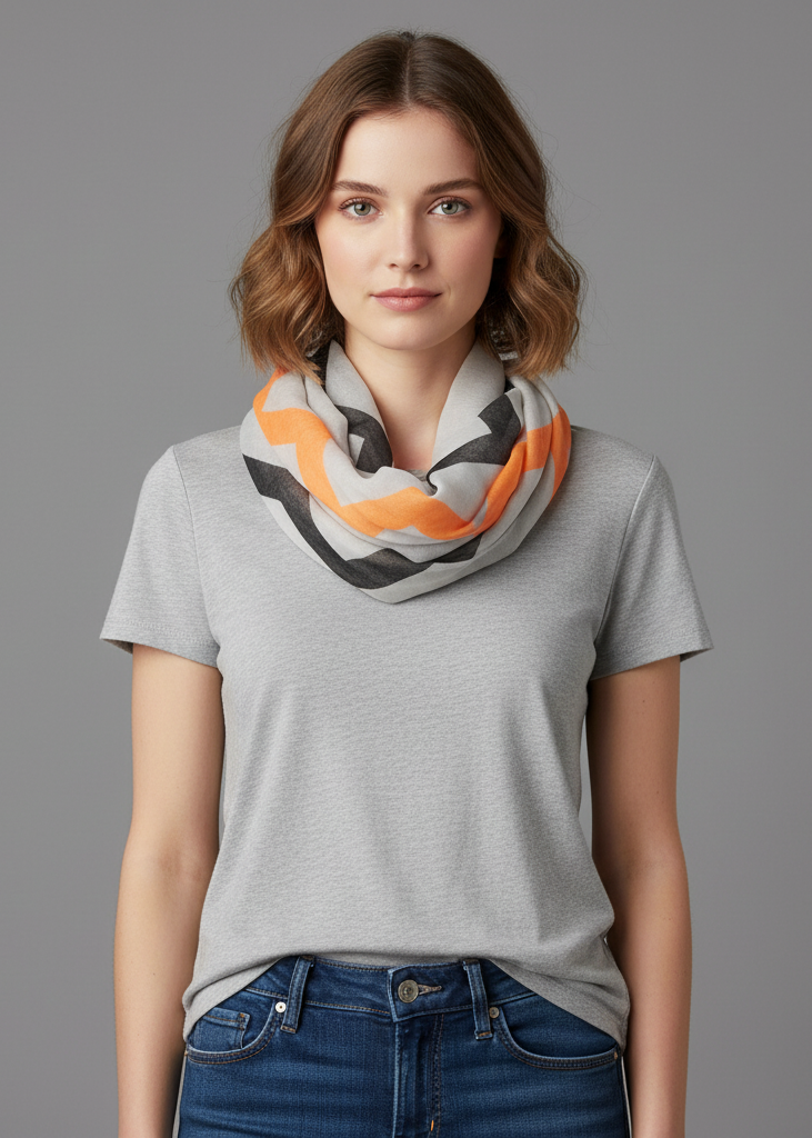 Multicolored chevron geometric infinity loop scarf in white orange black and peach.