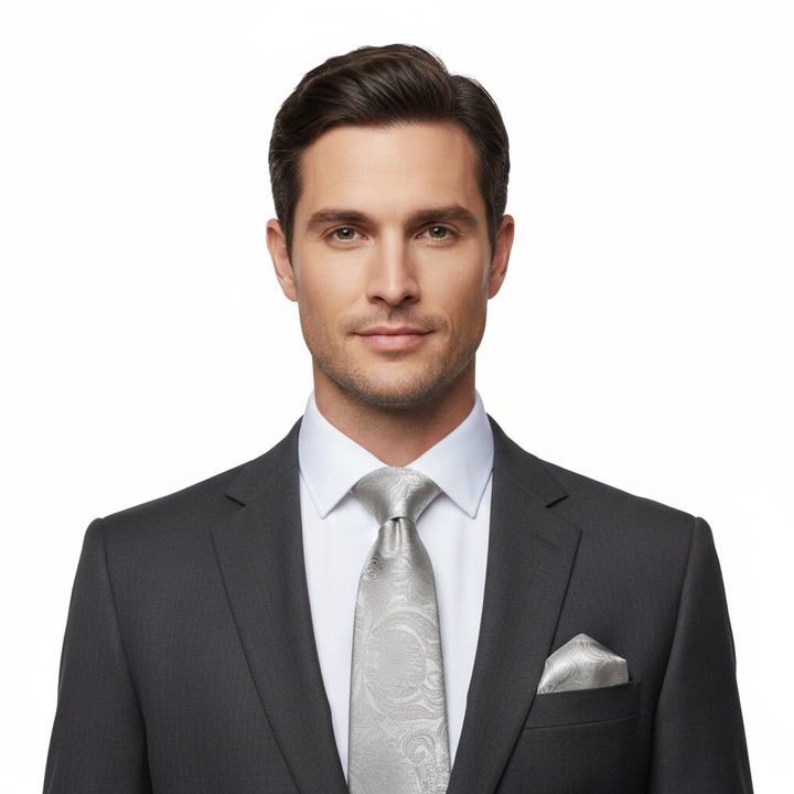 White Paisley Men's Necktie Set with Cufflinks and Pocket Square