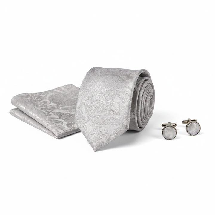 White Paisley Men's Necktie Set with Cufflinks and Pocket Square