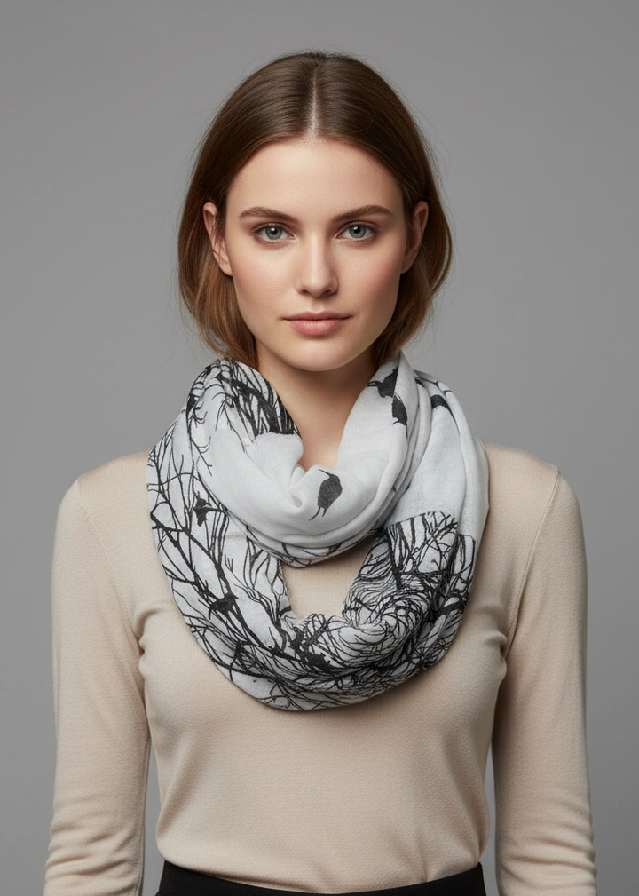 Vintage two colored bird print infinity loop scarf for women