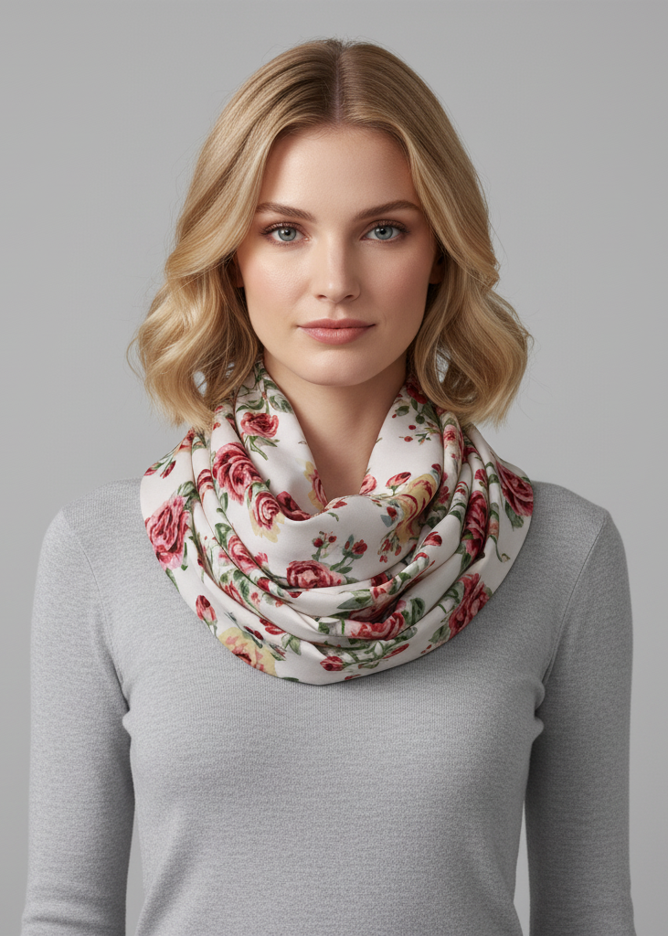 White peach floral print vintage infinity loop scarf for women featuring a lightweight and soft fabric design.