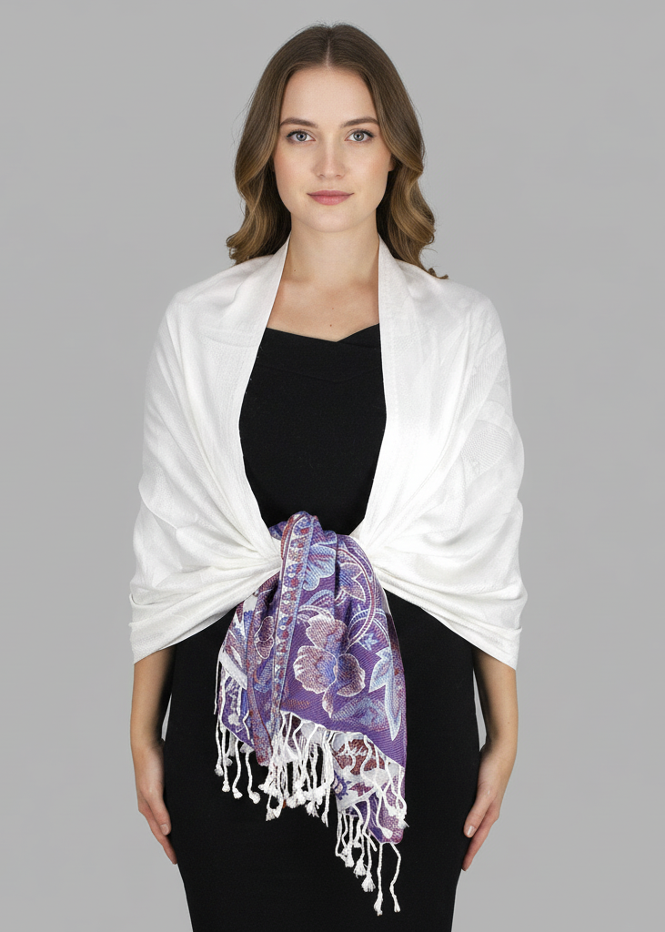 Reversible pashmina wrap shawl featuring a detailed paisley floral border design.
