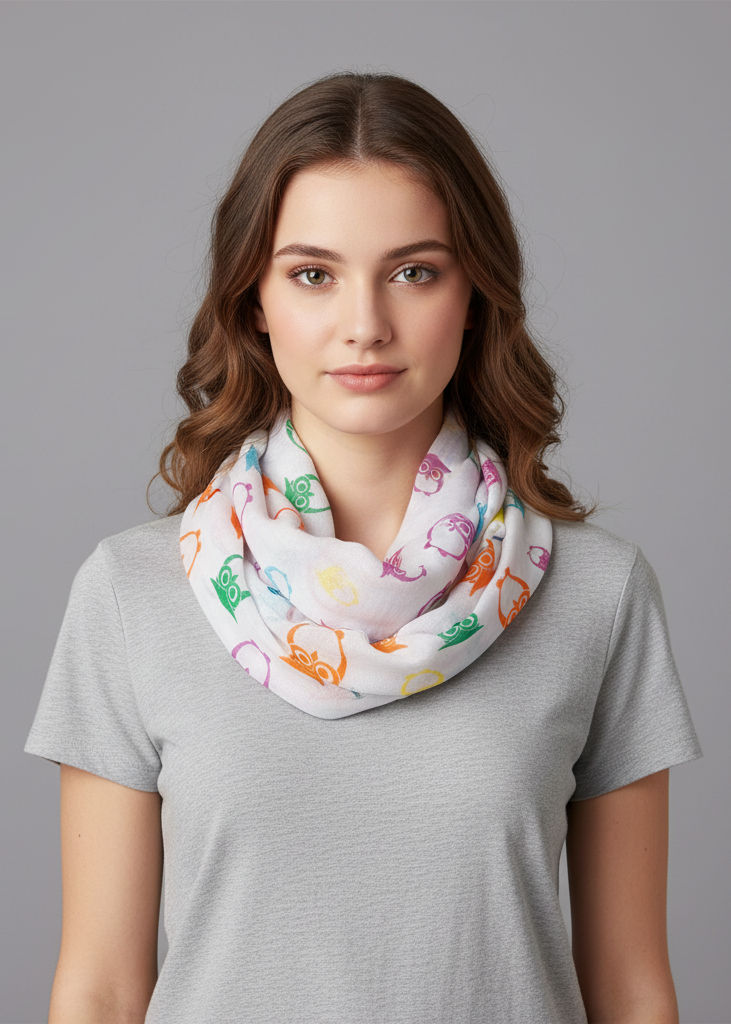 Colorful lightweight vintage owl print infinity loop scarf for women.
