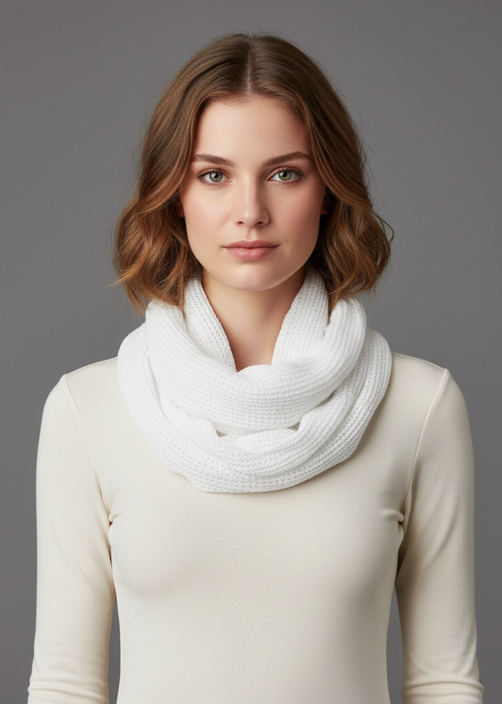 Chic white peach ruffle edge thick knitted circle infinity loop scarf for trendy winter style.