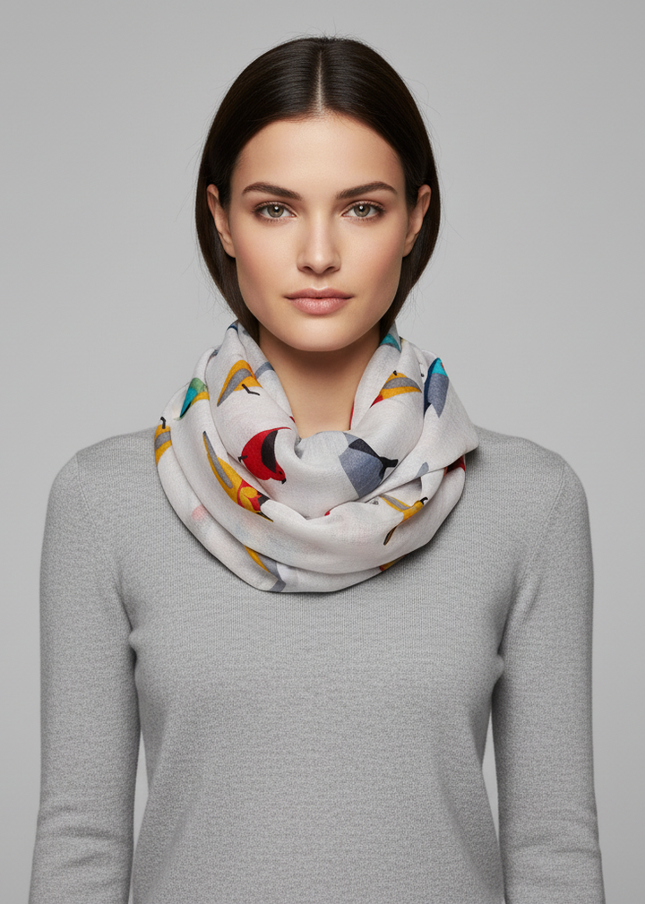 Elegant white sheer scarf featuring a vintage-style all-over finch bird print pattern.