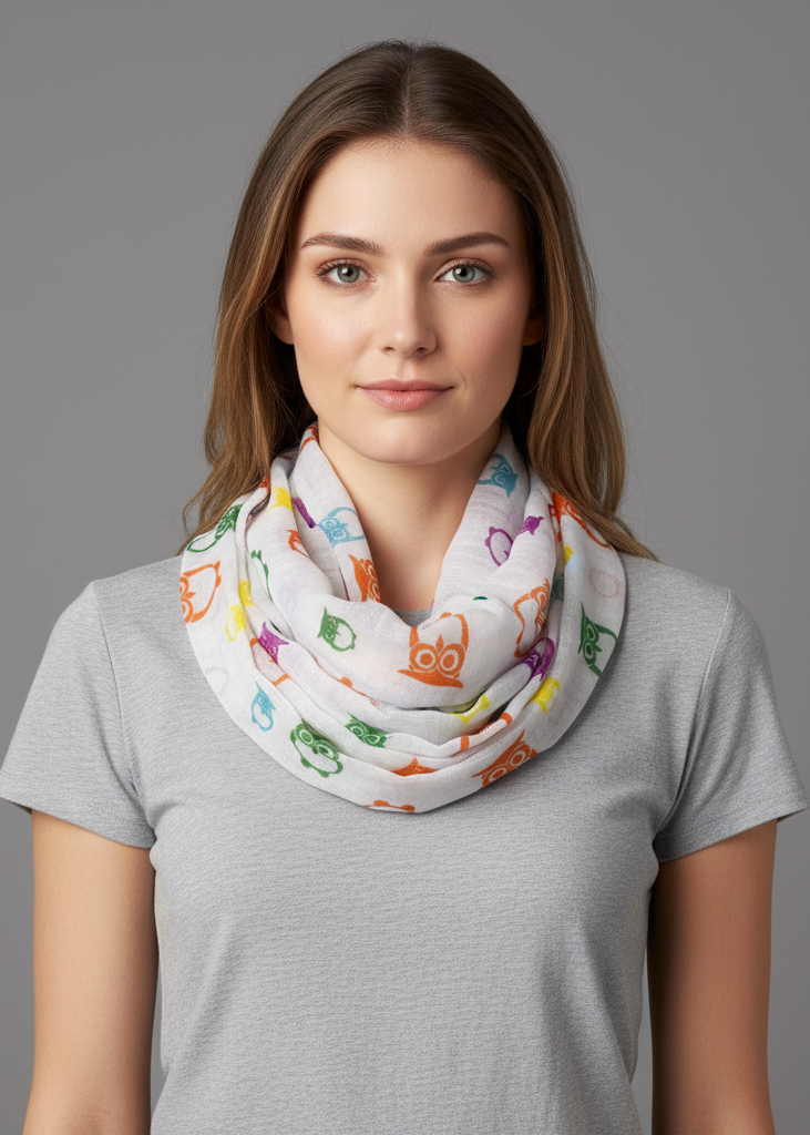 Lightweight vintage white sheer infinity loop scarf featuring a soft owl and bird print pattern.