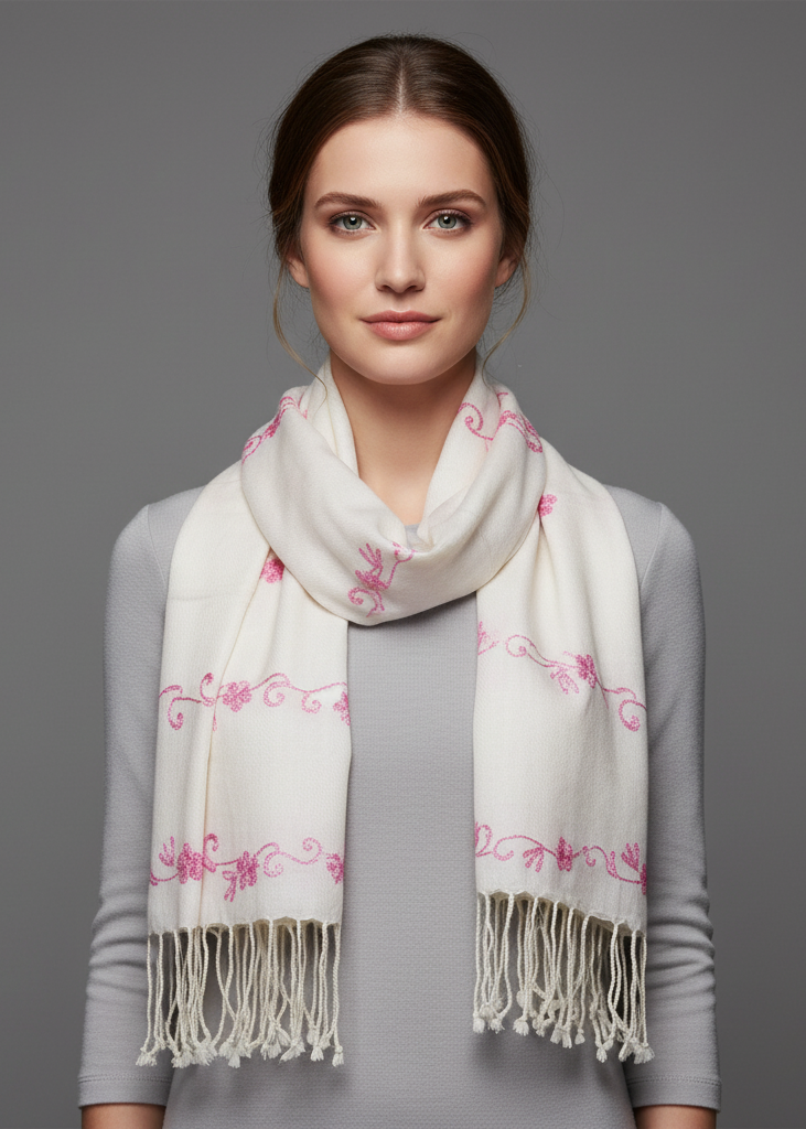 White vintage pashmina shawl featuring hand-embroidered floral patterns and traditional fringe edges