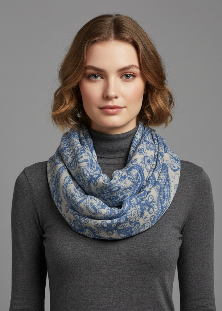 White and periwinkle graphic sunflower paisley print infinity loop scarf in a lightweight sheer fabric.