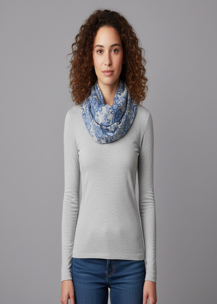 White and Periwinkle Peach Couture Beautiful Graphic Sunflower Paisley Print Infinity Loop Scarf