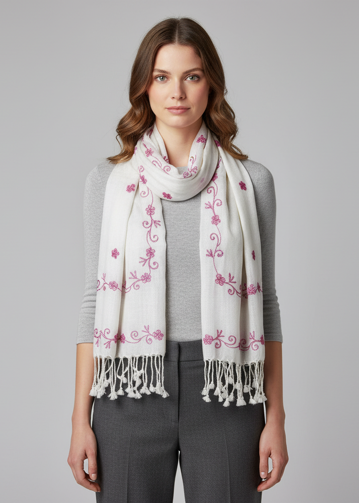 White and pink floral embroidered vintage-style shawl scarf with a white background and decorative fringe edges