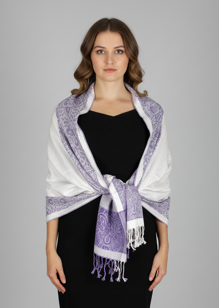 Reversible white and purple pashmina wrap shawl featuring a detailed paisley floral border design.