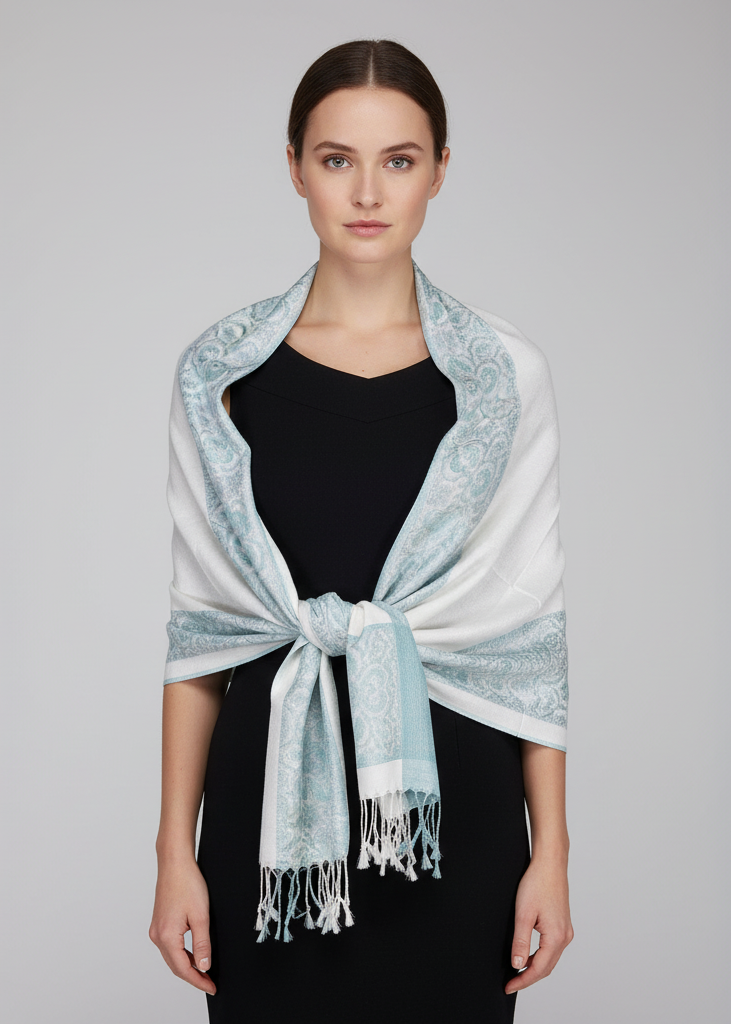 White and teal reversible pashmina wrap shawl featuring a paisley floral border design.