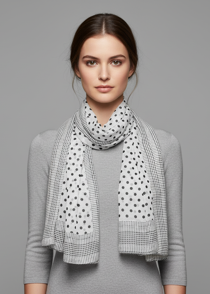 Elegant white and black polka dot sheer scarf for women, lightweight polyester fabric with a retro vintage style.