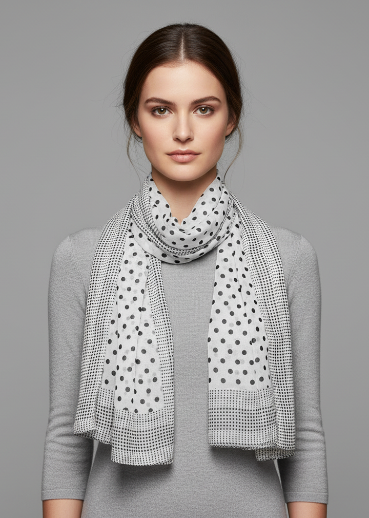 Elegant white and black polka dot sheer scarf for women, lightweight polyester fabric with a retro vintage style.