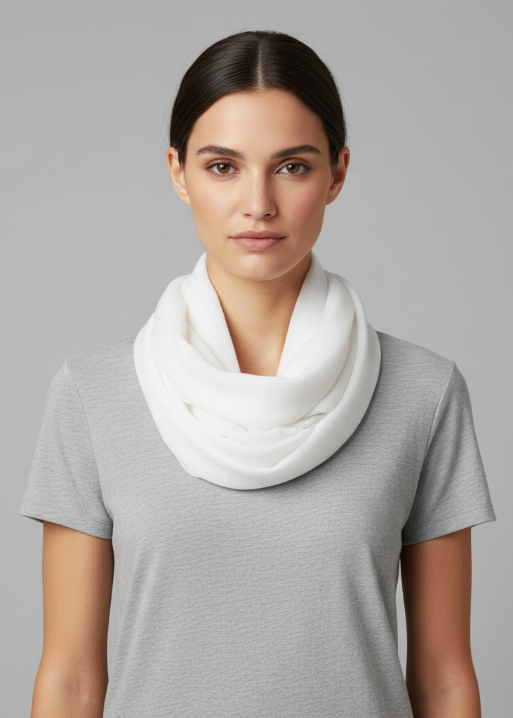 White light and soft solid crinkled white 100% cotton infinity loop scarf for lightweight summer fashion.