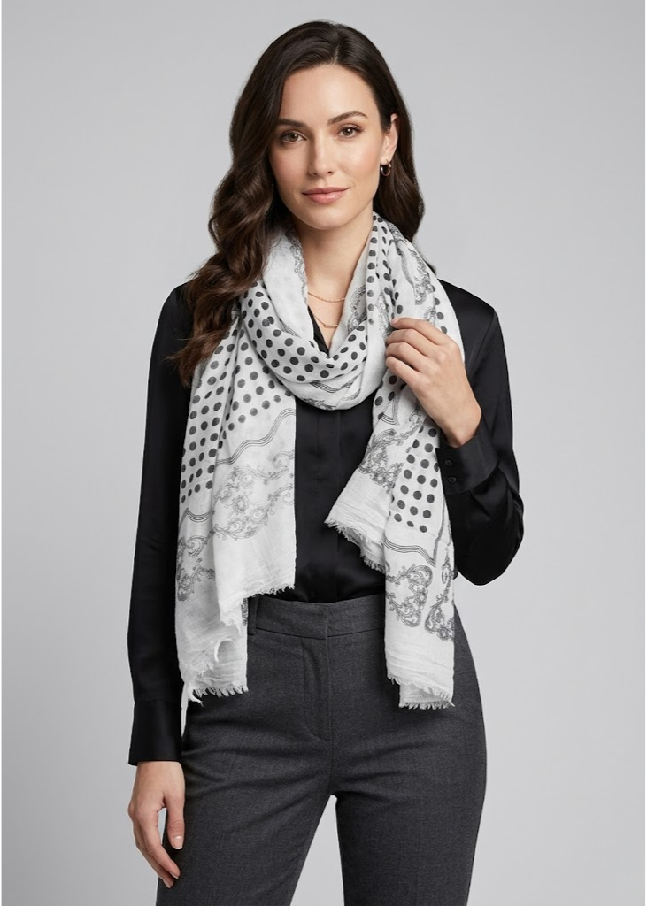 Cotton blend polka dot print summer shawl scarf in black.