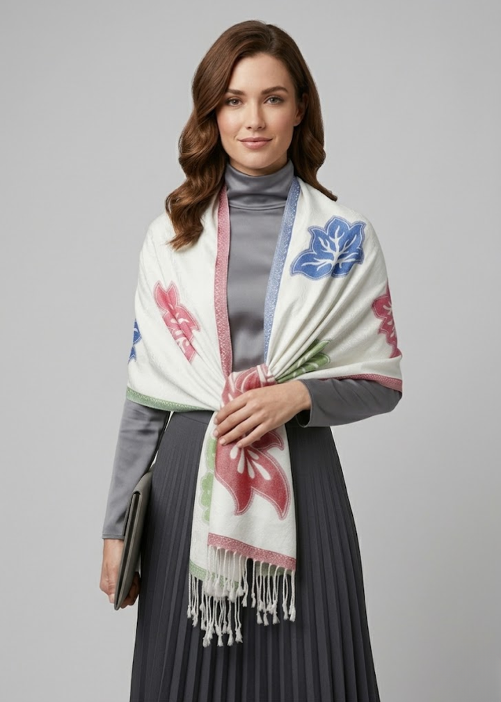 White rainbow pashmina shawl featuring a pastel paisley floral pattern and fringed edges.