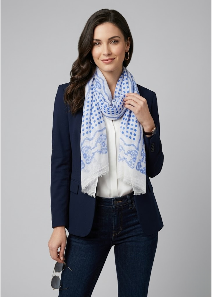 Blue and white polka dot print summer shawl made from a cotton blend fabric.