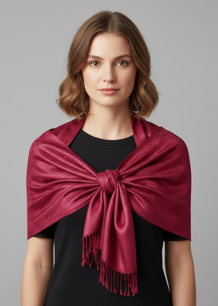 Elegant vintage solid jacquard paisley scarf shawl wrap in wine burgundy and peach.