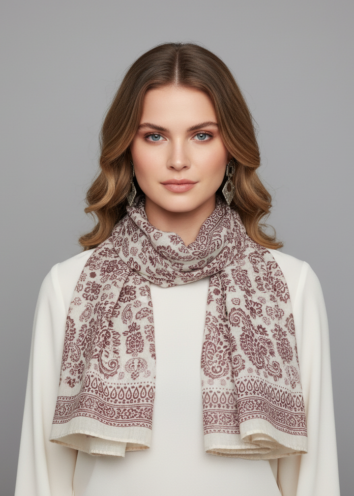 Wine henna paisley scarf with decorative fringe borders