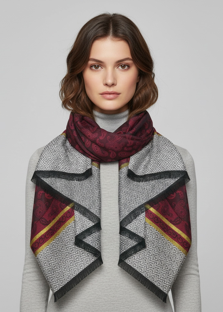 Wine-colored silky shiny scarf with tribal paisley print and fringe edges