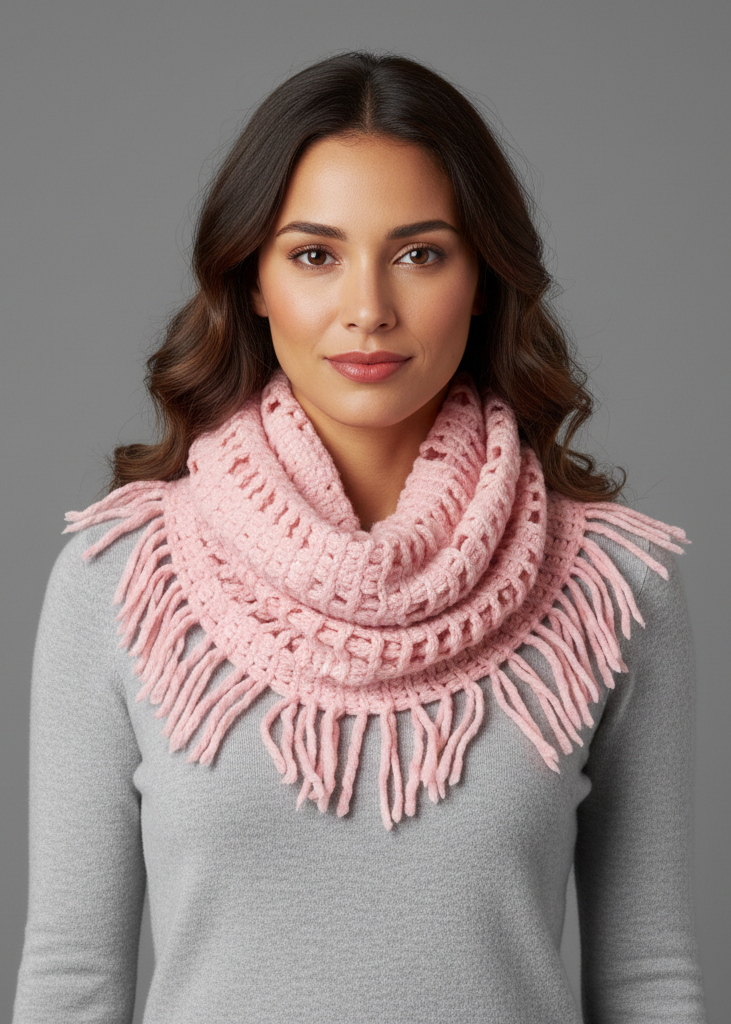 Winter knitted rectangular pattern long fringe warm infinity loop scarf showing texture and detail.
