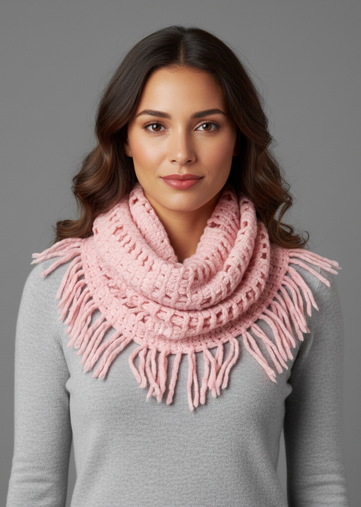 Winter knitted rectangular pattern long fringe warm infinity loop scarf showing texture and detail.