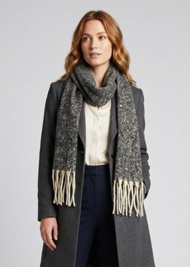 Black soft and warm cashmere-feel knitted chunky wrap scarf with tassel fringe detail.