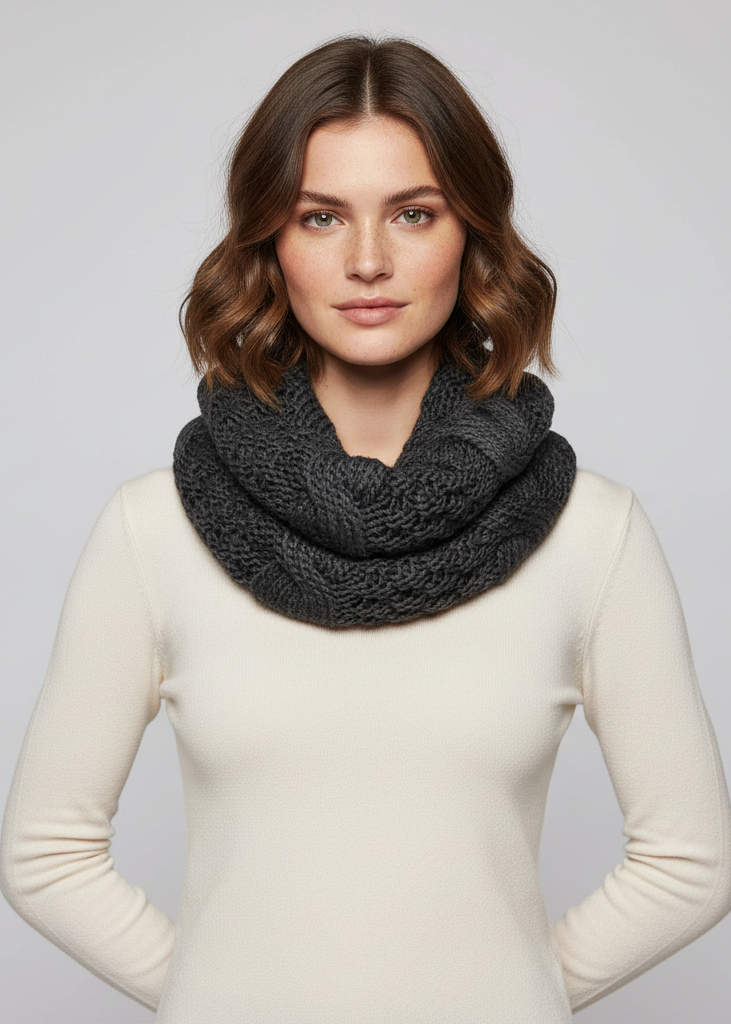 Black winter chunky cable knit infinity loop scarf in a soft warm fabric.