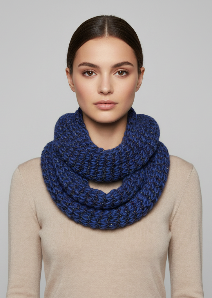 Winter warm multicolor chunky knit infinity loop cowl scarf with sequin details.