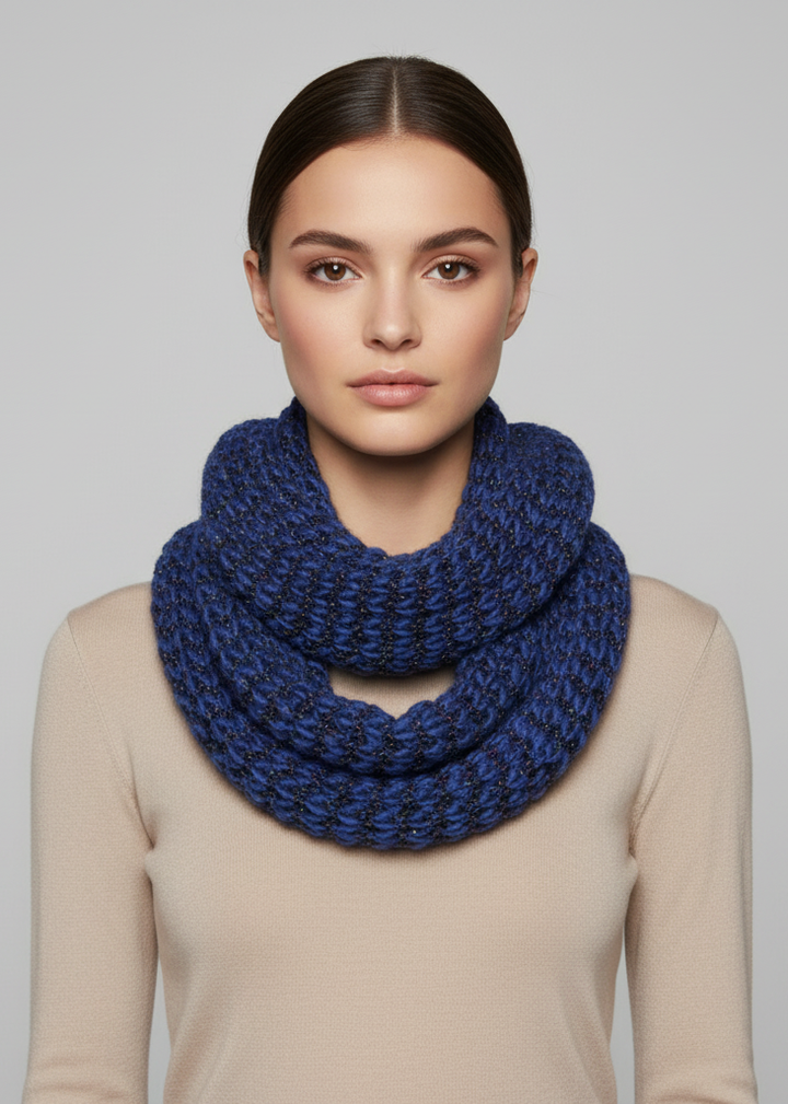 Winter warm multicolor chunky knit infinity loop cowl scarf with sequin details.