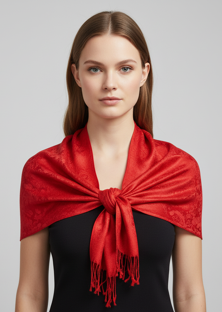 Elegant red vintage solid jacquard paisley scarf shawl wrap for women.